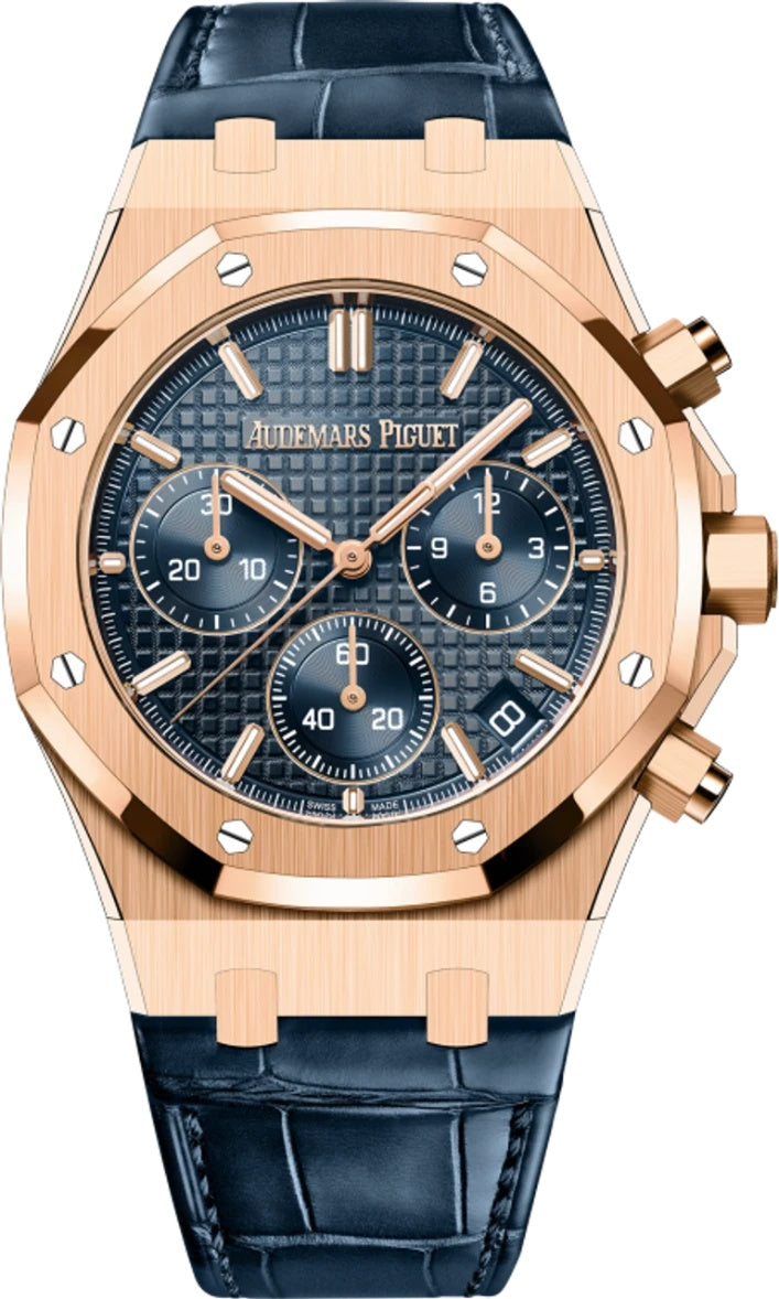 Audemars Piguet Royal Oak Chronograph 41mm Rose Gold Blue Dial Leather Strap