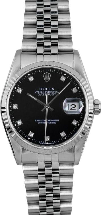 Rolex Datejust 36mm Stainless Steel Fluted Bezel Factory Black Diamond Dial Jubilee