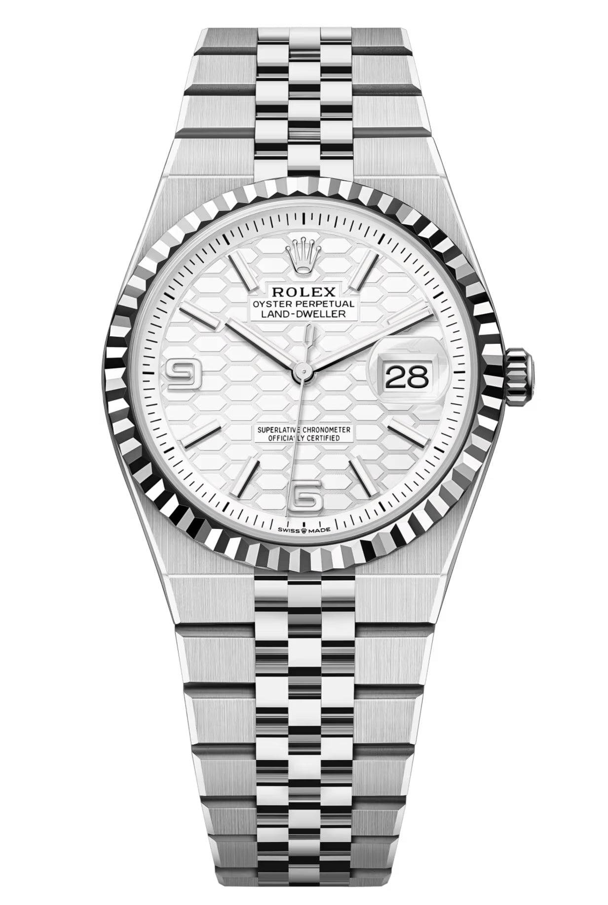 Rolex Land-Dweller 36mm Fluted Bezel White Honeycomb-Motif Dial Flat Jubilee