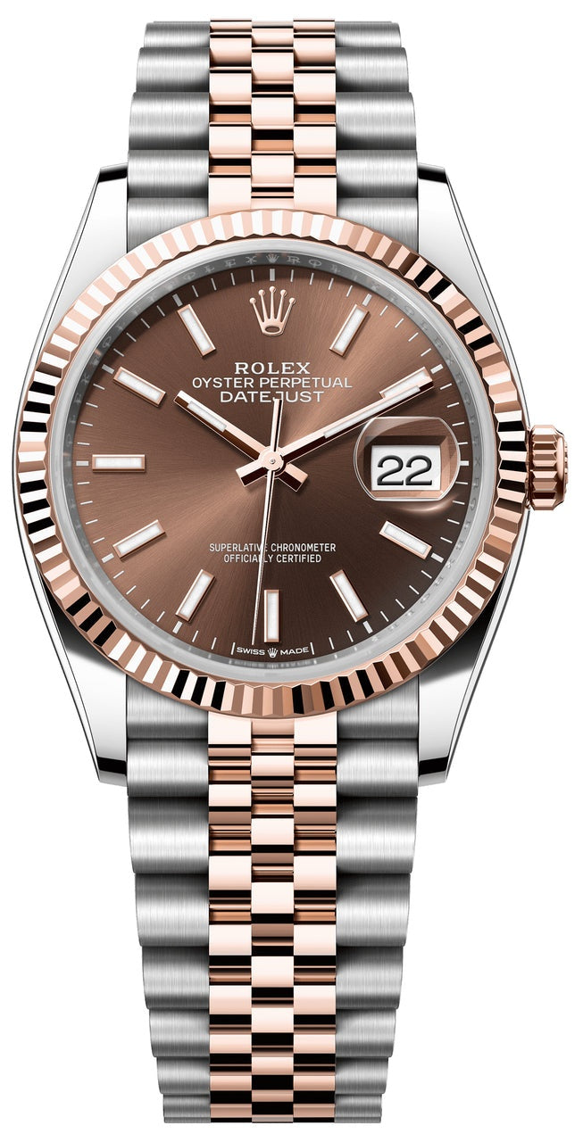 Rolex Datejust 36mm Two-Tone Everose Gold Chocolate Index Dial Fluted Bezel Jubilee Bracelet