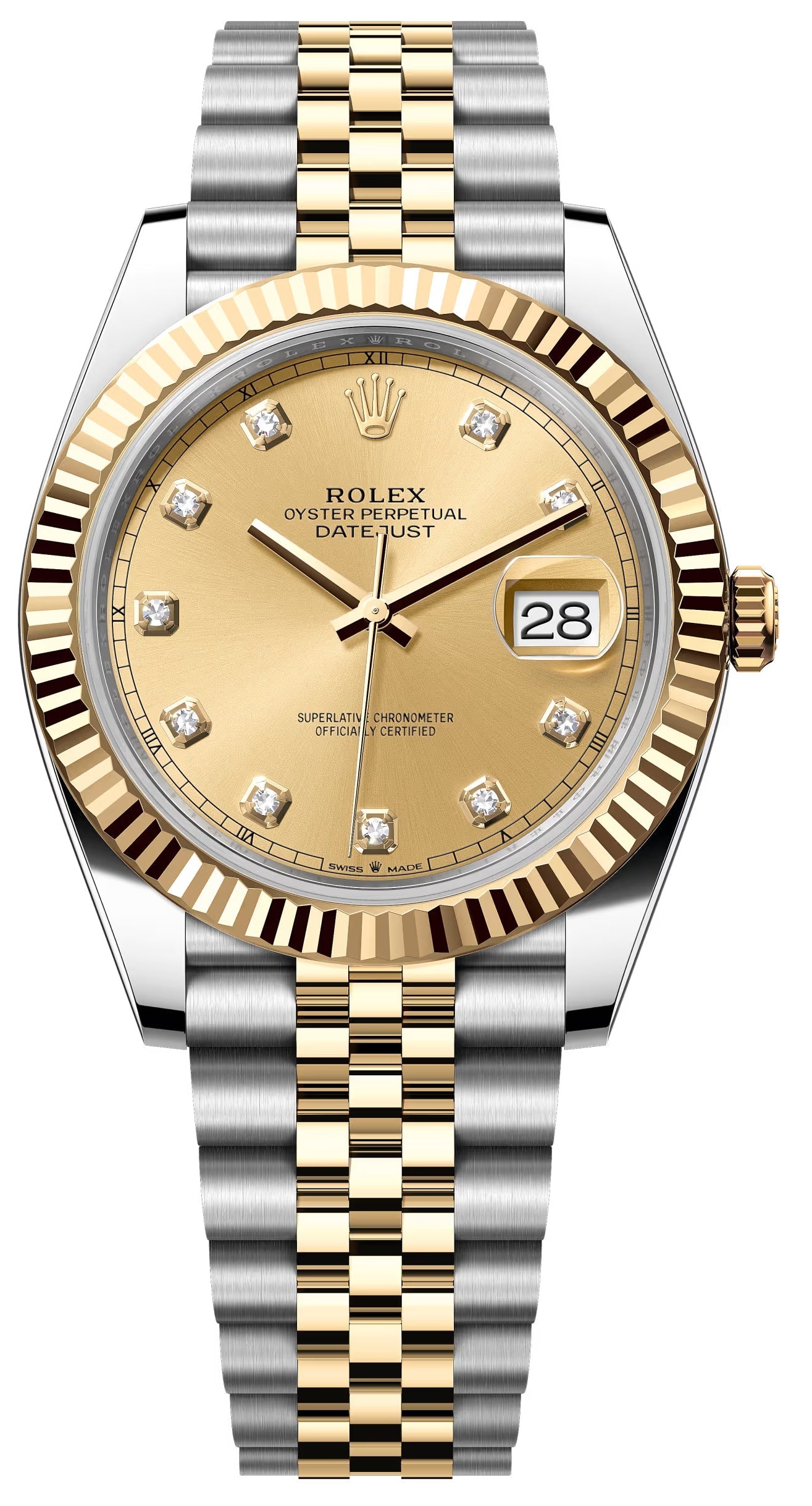 Rolex Datejust 41mm Two-Tone Yellow Gold Champagne Diamond Dial Fluted Bezel Jubilee Bracelet