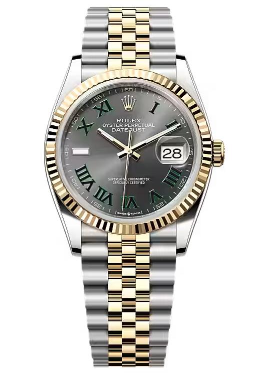 Rolex Datejust 36mm "Wimbledon" Two-Tone Yellow Gold Roman Dial Fluted Bezel Jubilee Bracelet