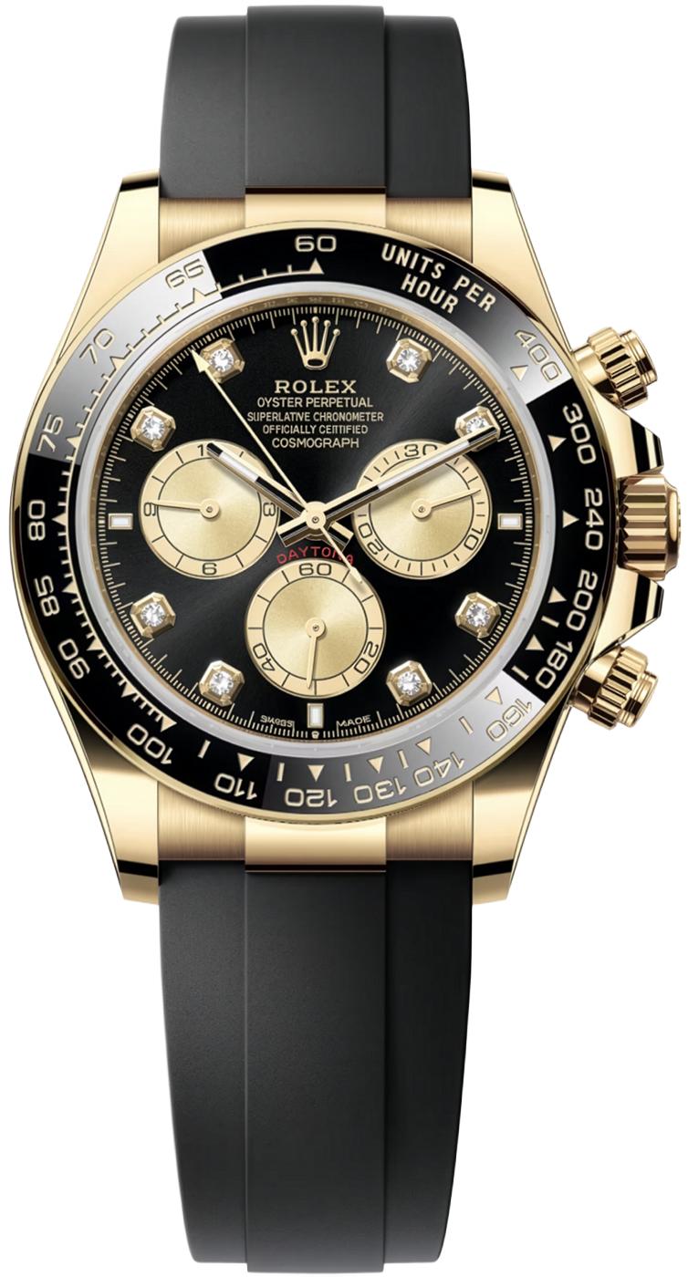 Rolex Cosmograph Daytona 40mm Yellow Gold Black Diamond Dial Black Ceramic Bezel Oysterflex