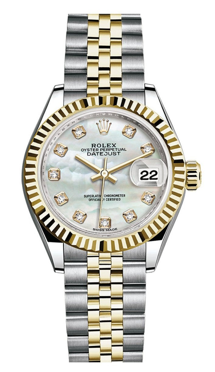 Rolex Lady-Datejust 28mm Two-Tone Yellow Gold Mother of Pearl Diamond Dial Fluted Bezel Jubilee Bracelet