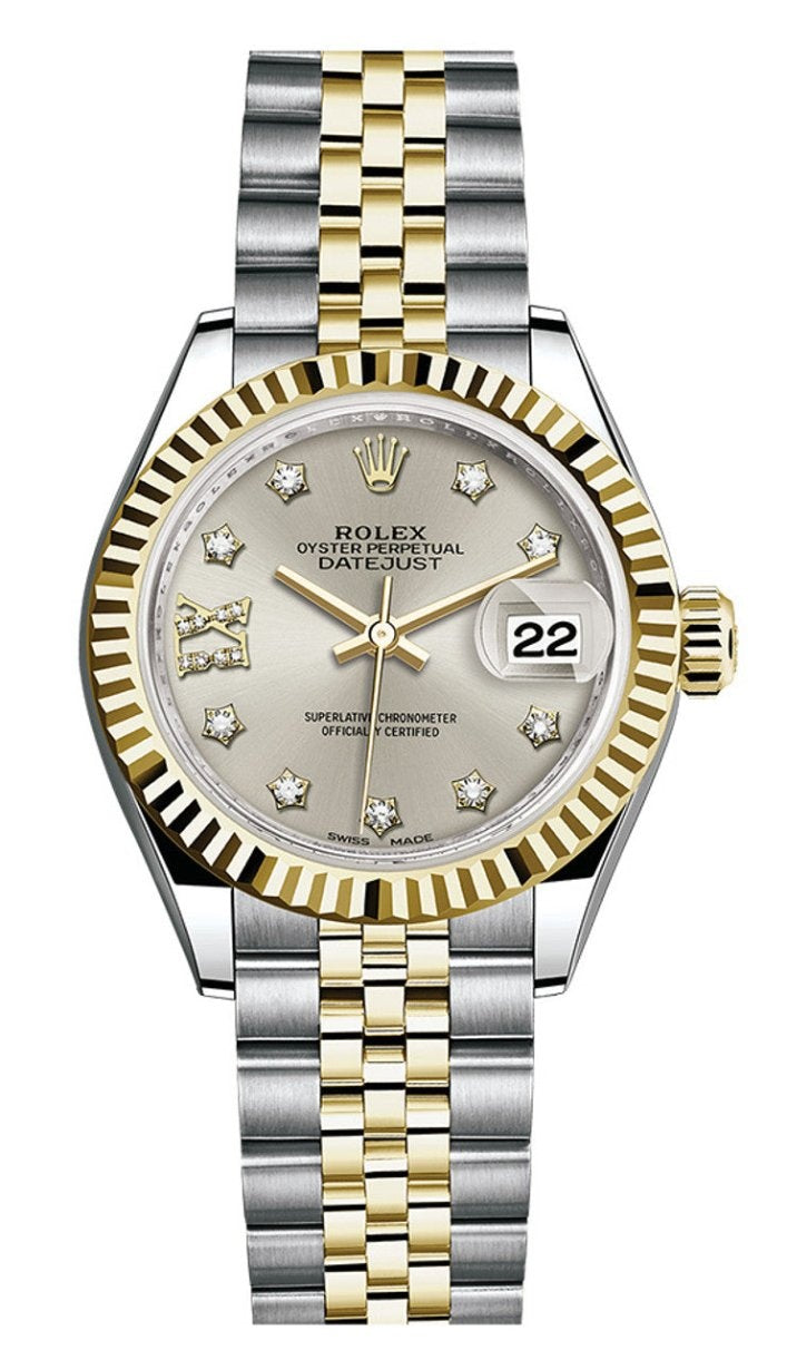 Rolex Lady-Datejust 28mm Two-Tone Yellow Gold Silver Star Diamond Dial Fluted Bezel Jubilee Bracelet