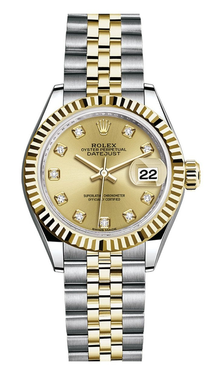 Rolex Lady-Datejust 28mm Two-Tone Yellow Gold Champagne Diamond Dial Fluted Bezel Jubilee Bracelet