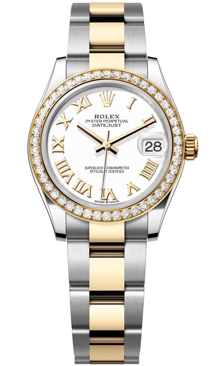 Rolex Lady-Datejust 31mm Two-Tone Yellow Gold White Roman Dial Diamond Bezel Oyster Bracelet