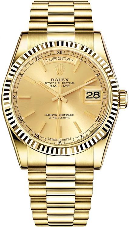 Rolex Day-Date President 36mm Yellow Gold Fluted Champagne Index Dial