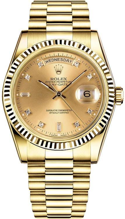 Rolex Day-Date President 36mm Yellow Gold Fluted Champagne Diamond Dial