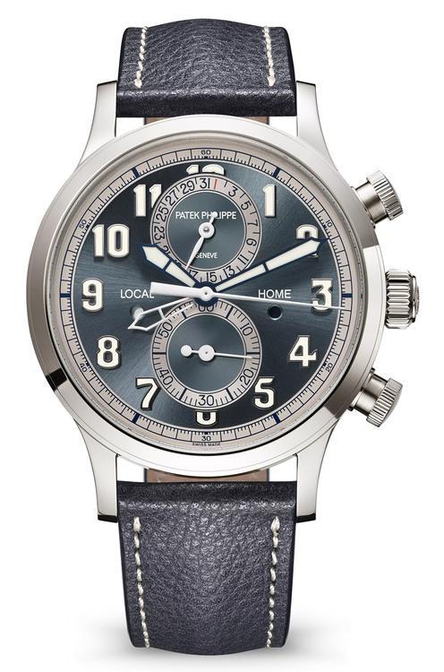 Patek Philippe Calatrava Pilot Travel Time 18k White Gold 42mm Blue Dial