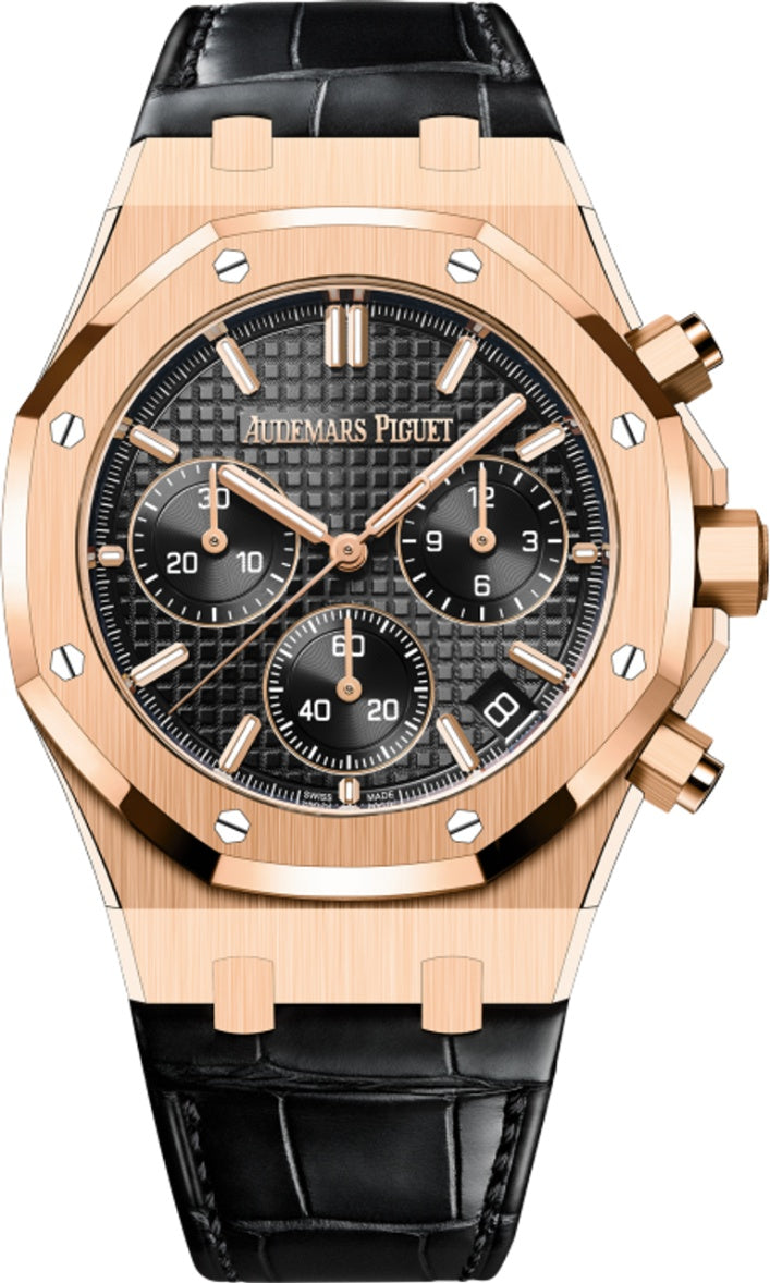 Audemars Piguet Royal Oak Chronograph 41mm Rose Gold Black Dial Leather Strap