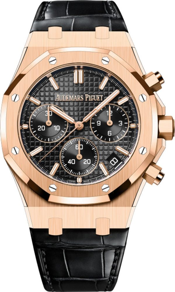 Audemars Piguet Royal Oak Chronograph 41mm Rose Gold Black Dial Leather Strap