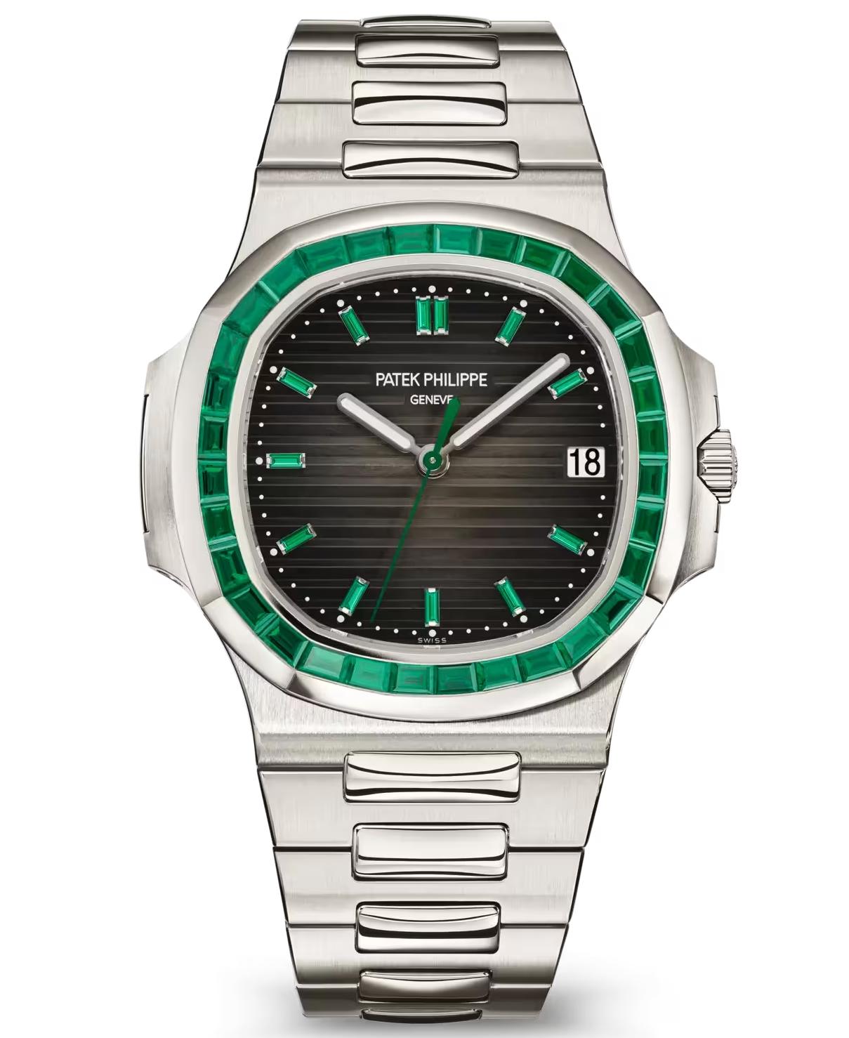 Patek Philippe Nautilus Joaillerie 40mm Platinum Charcoal Gray Dial Emerald Bezel