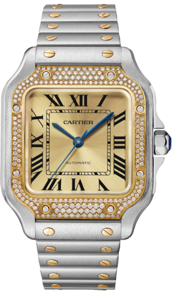 Cartier Santos Medium Two-Tone Yellow Gold Diamond Bezel Gold Dial