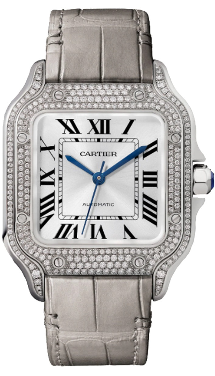 Cartier Santos Medium White Gold Diamond Bezel White Dial