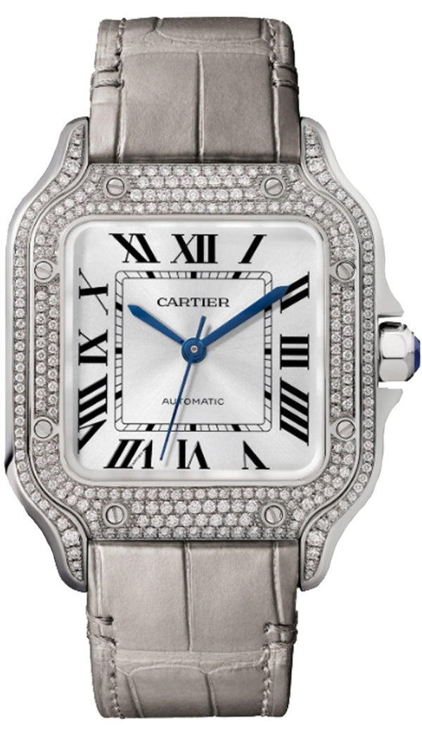 Cartier Santos Medium White Gold Diamond Bezel White Dial