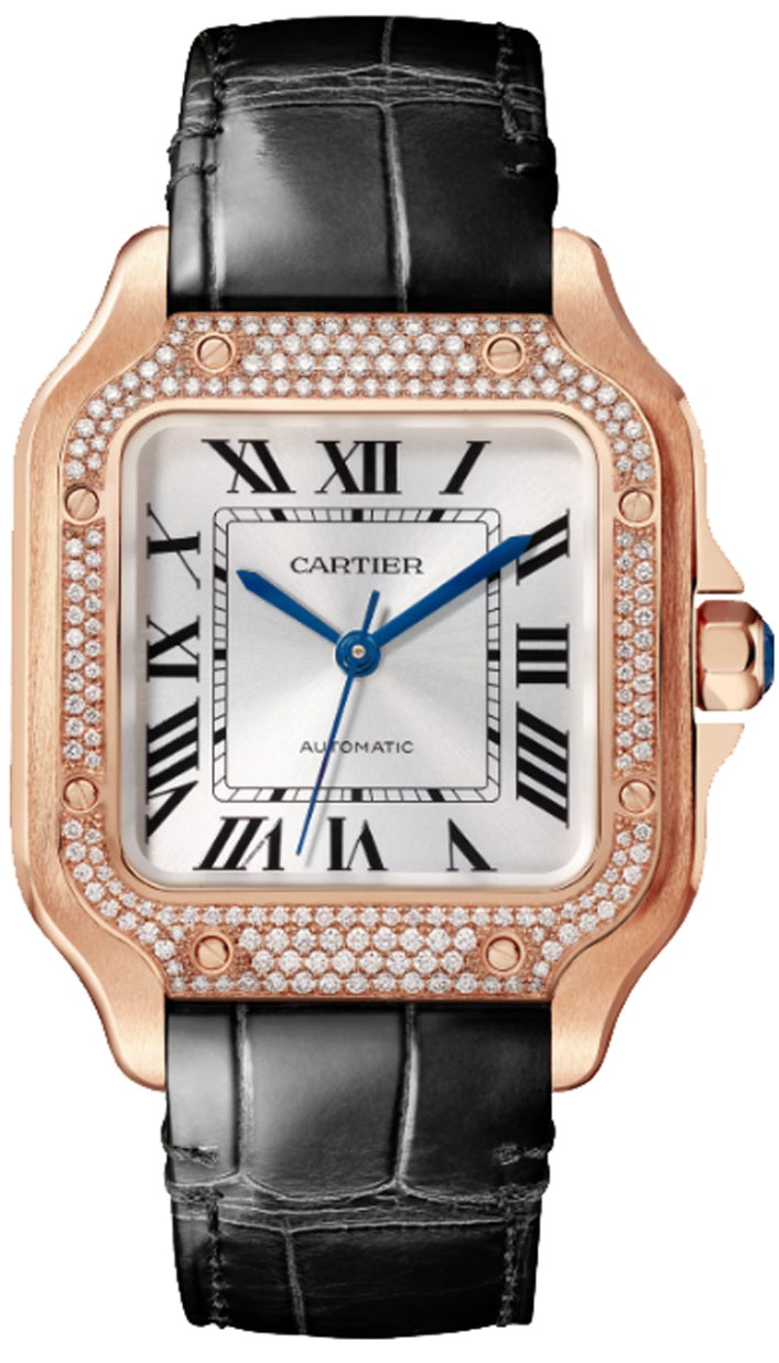 Cartier Santos Medium Rose Gold Diamond Bezel White Dial