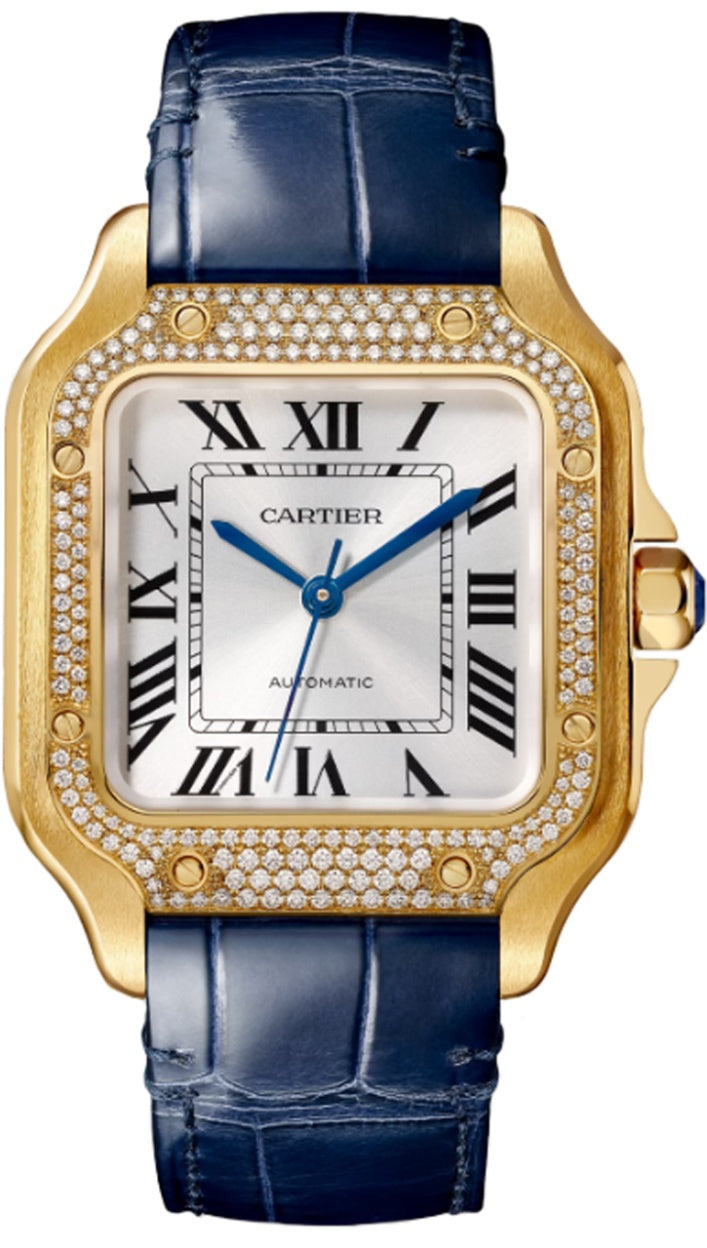 Cartier Santos Medium Yellow Gold Diamond Bezel White Dial