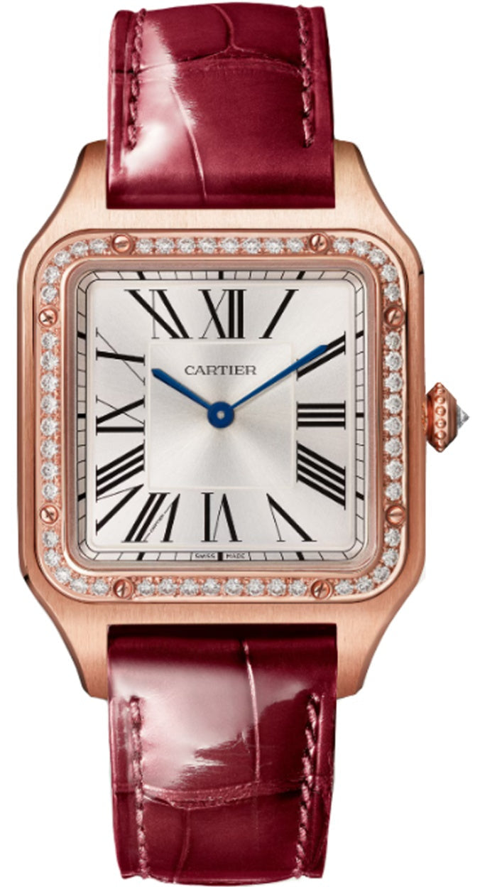 Cartier Santos-Dumont Large Rose Gold Diamond Bezel Silver Dial